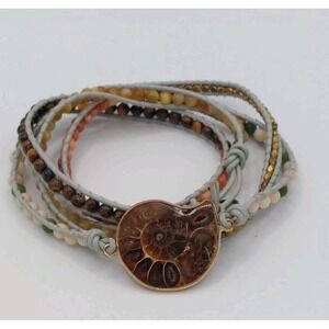 Boho Ammonite Fossil Leather Wrap Bracelet Nature Stone Bead Fibonacci Festival